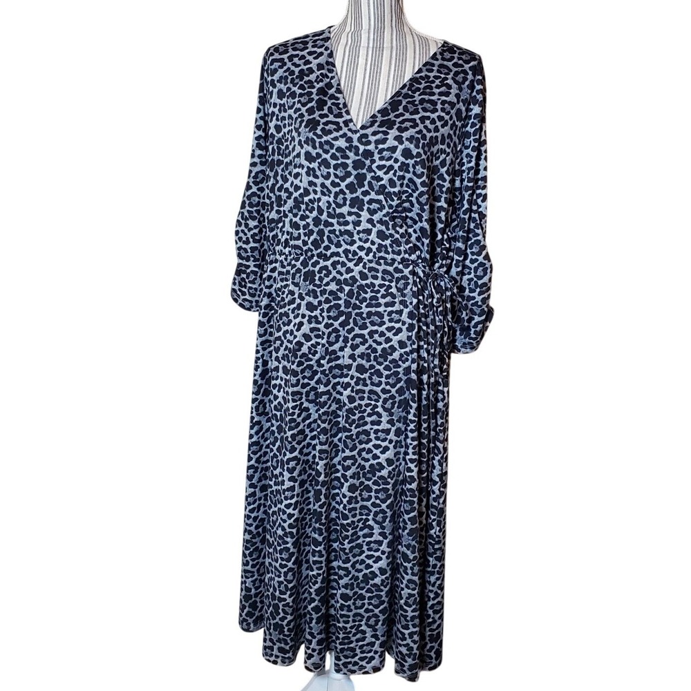 Grey Leopard Print Faux Wrap Midi Dress‎ Plus Size 2X 3/4 Ruched Sleeve V-Neck